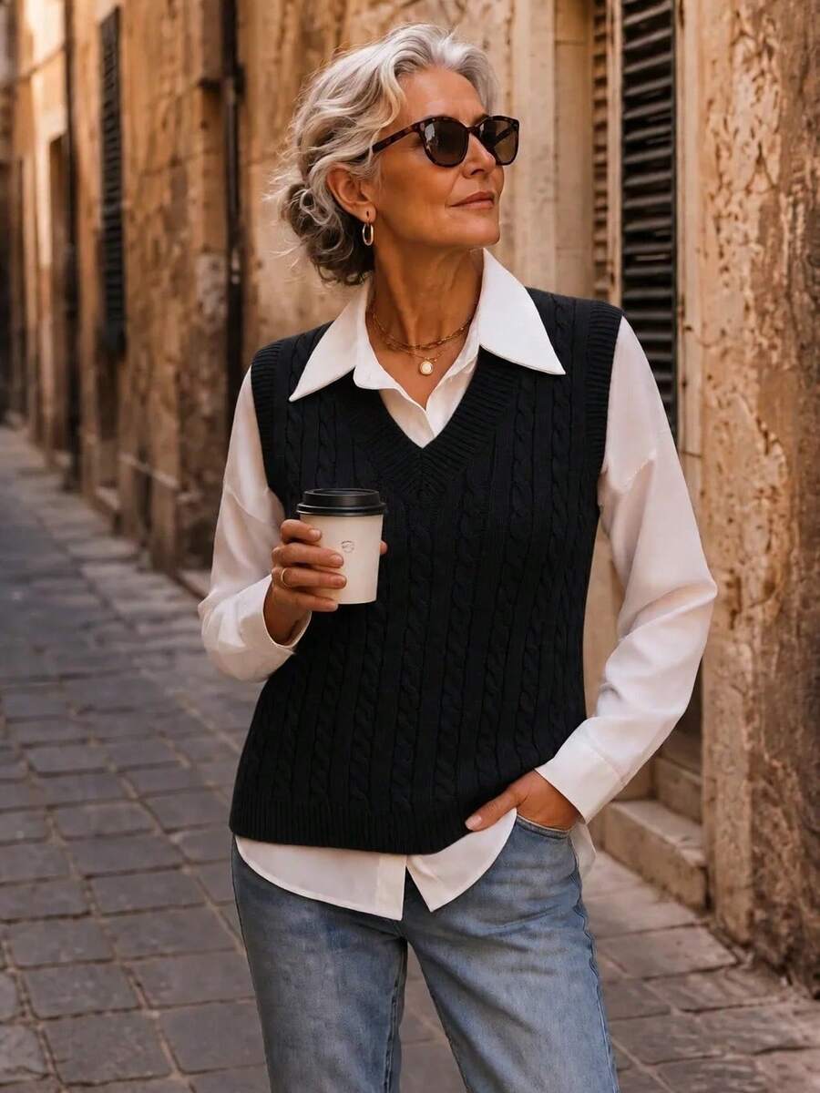 NZZOF V-Neck Versatile Knit Sleeveless Sweater Vest, Solid Color Casual Autumn/Winter Knit Vest (No Lining) - Black - View 1