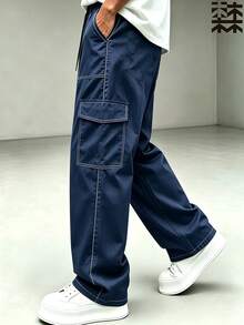 mulinsen Mulin Sen Men's Black Cargo Pants, Loose Straight Leg, White Contrast Stitching, Multi-Pocket, Drawstring Waist, Casual Long Pants - Blue - View 2