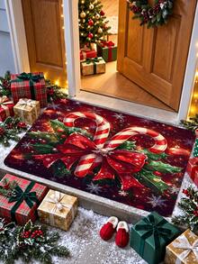Christmas Design Welcome Doormat, Holiday Candy Cane, Bow And Gift Pattern, Machine Washable Polyester Material, Non-Slip Backing, Suitable For Bathroom, Living Room, Bedroom, Kitchen, Office Decoration, Holiday Doormat | Holiday Welcome Doormat | Polyester Doormat - A - View 6