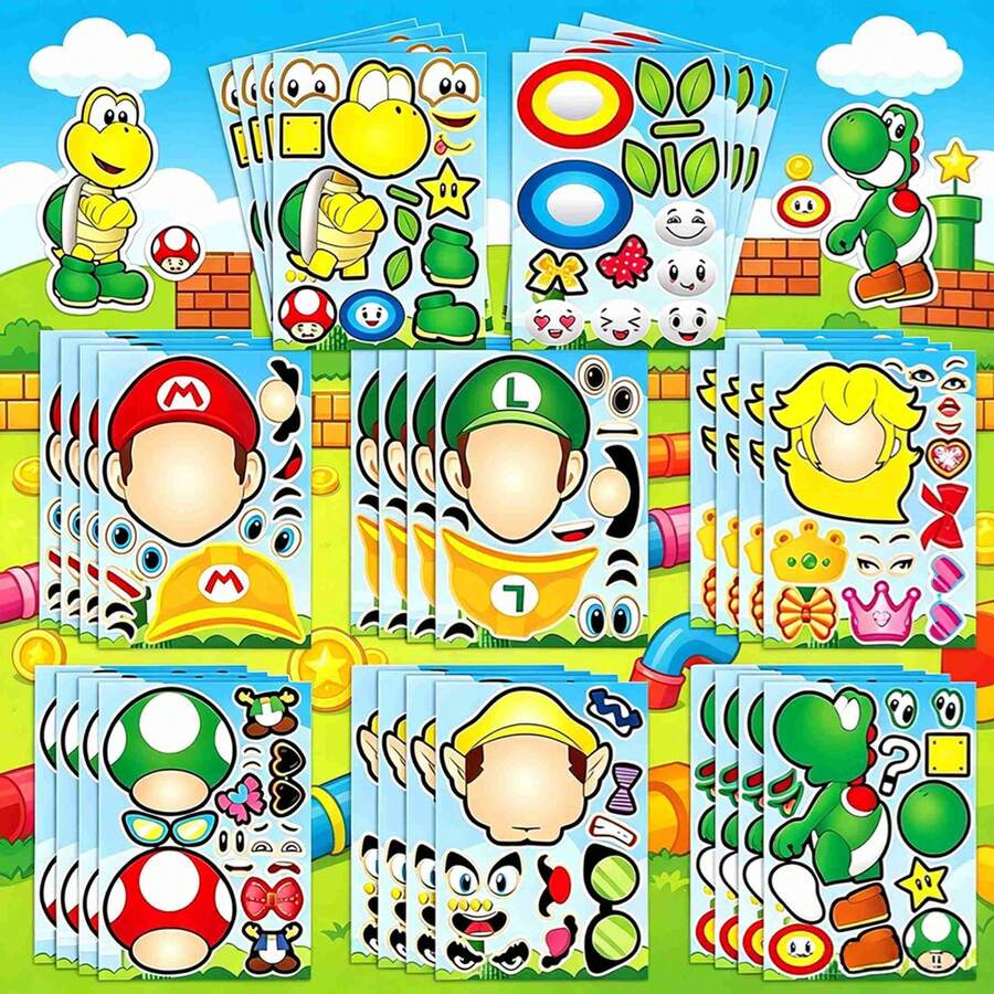 SUPER MARIO BROS. 1set/8pcs Cartoon Face Collage Sticker Set, Multiple ...
