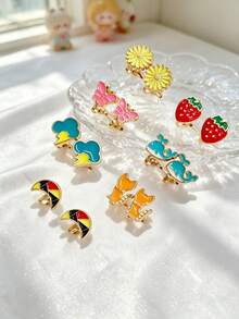 7 Pairs Personalized Non-Pierced Ear Clips Jewelry Set, Weekly Non-Repeating Style, Multiple Designs For Versatile Matching, Small Flower, Small Strawberry, Whale, Small Cat, Cloud, Etc., Daily Wear Jewelry, Holiday Celebration Outfit - Gold - View 4