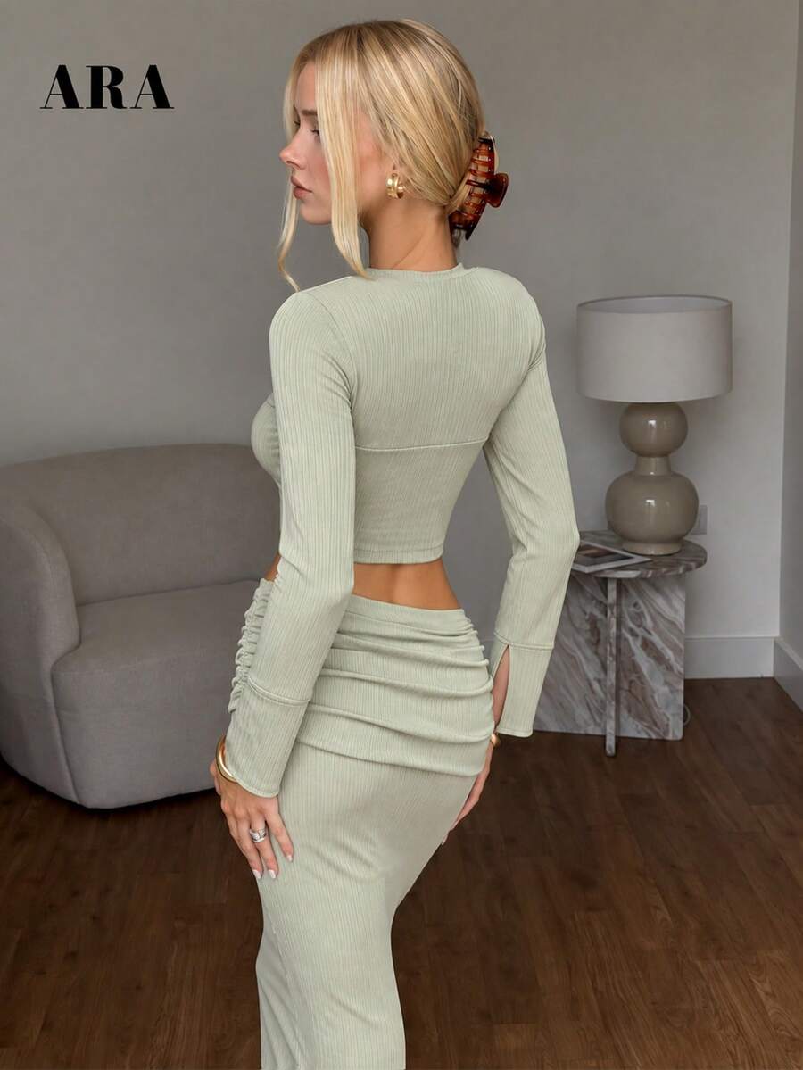 ARA CHIC Women's 2 Pieces Set, Deep V Ruched Long Sleeve Crop Top And Low Waist Long Skirt, Ribbed Elastic Fitted Two Pieces Outfit, All Season Vacation Party Wear - Green - View 1