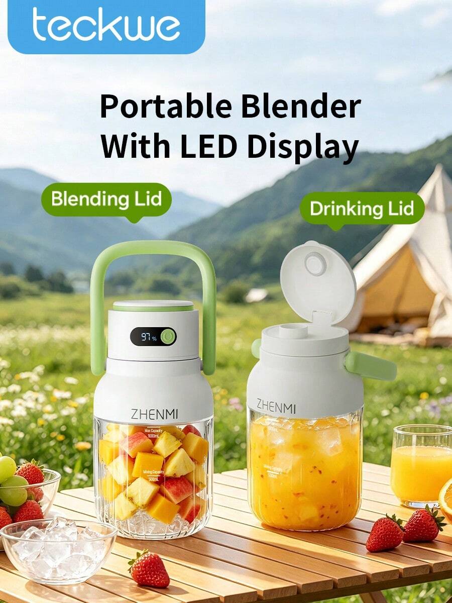 Teckwe 1‑Pack Portable Electric Blender Cup, Large‑Capacity 12‑Blade Wireless Multifunctional Mixer, Battery LED Display, Ice Crushing, Perfect For Home, Outdoor & Parties - 0.5L-1L - View 1