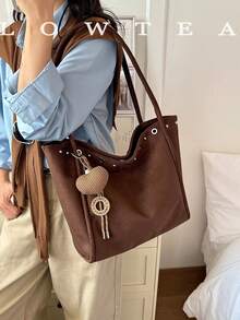 low tea 1pc Minimalist Suede Fabric Shoulder Tote Bag, Suitable For Commuting, Shopping, Etc. (With Pendant) - Coffee - View 6
