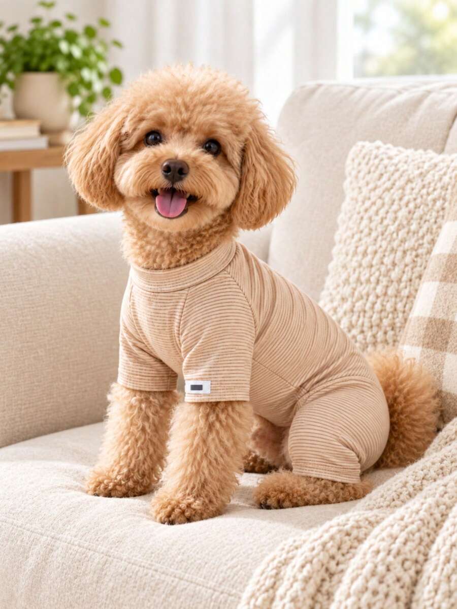 1PC Thickened, Warm Striped Pet One-Piece Suit-Warm, Thick, Soft, Comfortable, And Durable; Suitable For All Four Seasons And Can Be Worn Both Indoors And Outdoors; Perfect For Small And Medium-Sized Pets. - Pink - View 1