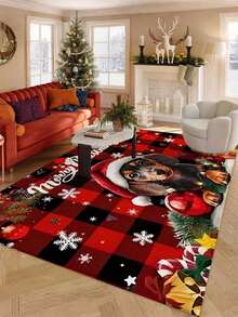 Red & Black Plaid Christmas Cute Dachshund Print Doormat, Rectangular Plush Non-Slip Absorbent Dirt-Resistant Entryway Mat, Christmas Winter Holiday Decor Foot Mat - Multicolor - View 9