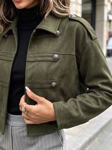 Women's Spring/Autumn Solid Color Vintage Loose Suede Jacket, Lapel Double-Breasted Short Coat, Urban Stroll Weekend Casual Top - Green - View 3