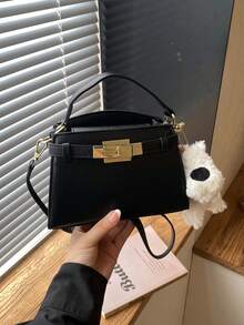 女款手提包，純色人造皮革，金色旋轉鎖扣可拆卸小狗吊飾，斜跨背帶，優雅極簡風，適合日常與派對，女士適用 - 黑色 - 查看 2