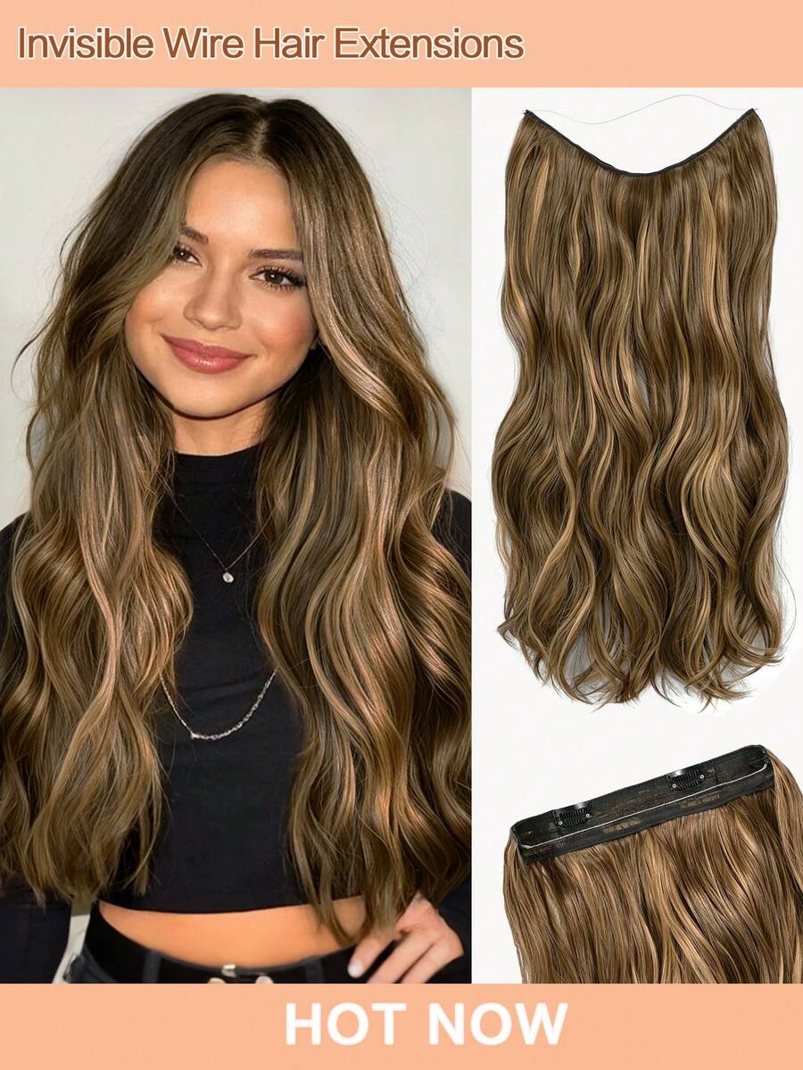 Invisible Wire Hair Extensions Honey Brown With Highlights Long Wavy Hair Extensions With Transparent Headband Fish Line Secret Hairpieces For Women - Piano Color - View 1