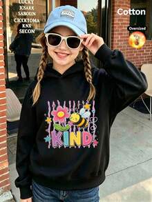 2026 Autumn/Winter Custom Loose Black Sweatshirt, Girls' Style, Cute Cartoon Design With Flowers, Little Bees And Colorful KIND Lettering - Black - View 10