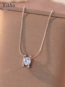 Hihho 1pc Premium Minimalist Single H-Shaped Pendant Necklace, Classic 4-Prong Setting, Sparkling Transparent Snake Chain, Flexible And Smooth Fit To Neckline, Versatile Style For Commute, Date, Party, Can Be Worn Alone Or Layered - H-type - View 10