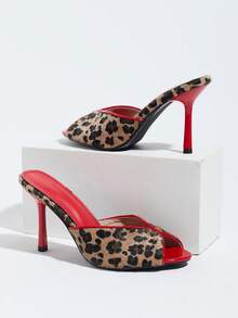 Women's Sexy Leopard Print Open Toe Mule High Heel Sandals Slip-On Outdoor Wear Spring Summer New Minimalist High Heel Slides, Red High Heels - Red - View 6