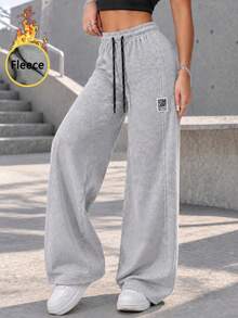 Women Thermal Lined Wide Leg Full Length Pants With Drawstring Elastic Waist Relaxed Fit Casual Sweatpants For Daily Wear. - Grey - View 2