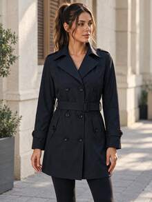 AODSR Women's Black Double-Breasted Trench Coat With Adjustable Belt, Lapel Collar And Pockets For Work And City Wear. - Black - View 8