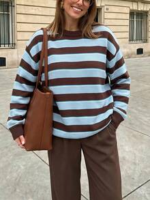 Sweater Rajut Lengan Panjang Bergaris Pendek Wanita, Elastisitas Sedang, Musim Gugur - MultiWarna - View 2