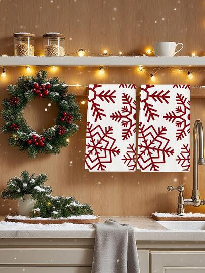 2 Pcs Snowflake Christmas Tree Mahjong Card Green Leaf Print Microfiber Rectangular Quick Dry Kitchen Towels For Christmas Winter Home Decor