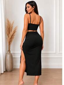 Conjunto Feminino Cropped Corset de Alça + Saia Midi com Fenda e Detalhe Franzido - Preto - Visão 3