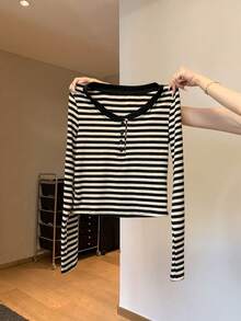 Women's Striped Henley Neck Long Sleeve T-Shirt, Casual Cotton Button-Up Top - Grey and Black - View 4