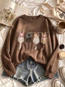 Women's Plus Size Sweater, Cute Cat Print, Comfortable Crew Neck Pullover For Autumn/Winter - Brown - View 1