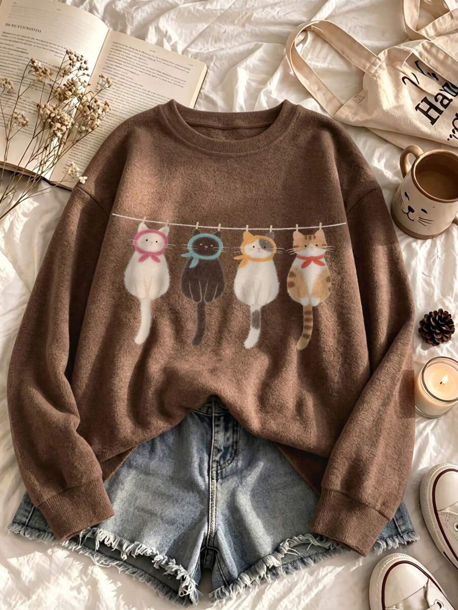 Women's Plus Size Sweater, Cute Cat Print, Comfortable Crew Neck Pullover For Autumn/Winter - Brown - View 1