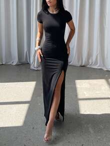 Autumn Solid Color Basic High Slit Short Sleeve Dress, Elegant Casual Everyday Dress - Black - View 4
