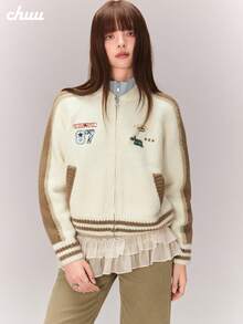 Áo cardigan len dệt kim thêu chữ và số CHUU, áo len nữ mùa đông phối màu tương phản, tay dài, khóa kéo - Màu be - Xem 4