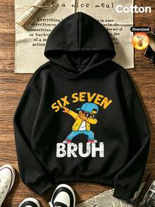 2026 Autumn/Winter Loose Black Hooded Sweatshirt, Girls', Cartoon Pattern, "SIX SEVEN" And "BRUH" Text, Casual Street Style - Black - View 4