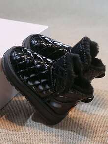 Children's Quilted Short Snow Boots, Thick Fleece Lining, Non-Slip Winter Shoes - Black - View 2