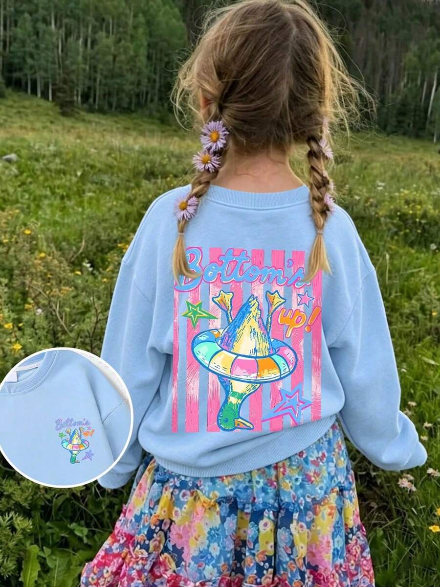 Sweatshirt Longgar untuk Anak Perempuan Ukuran Besar Musim Gugur/Dingin, Motif Bebek Lucu, Pelampung Renang, Huruf, Cetakan Dua Sisi, Atasan Kasual Nyaman untuk Kampus Sehari-hari - Baby Blue - View 1