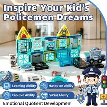 Mini Police Station Magnetic Tiles Building Blocks For Kids, 40PCS STEM City Police Toys Include Policeman,Vehicles,Prison - Multicolor - View 4