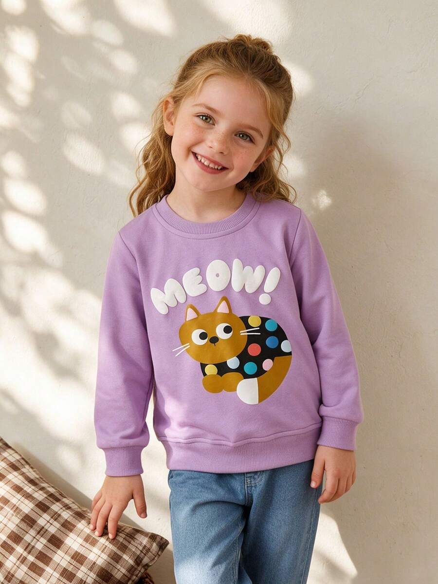 Girls' Long Sleeve Sweatshirt With Colorful Polka Dot Kitten 3D MEOW Letter Puff Print, Loose Casual Pullover Sweatshirt For Toddlers - Mauve Purple - View 1