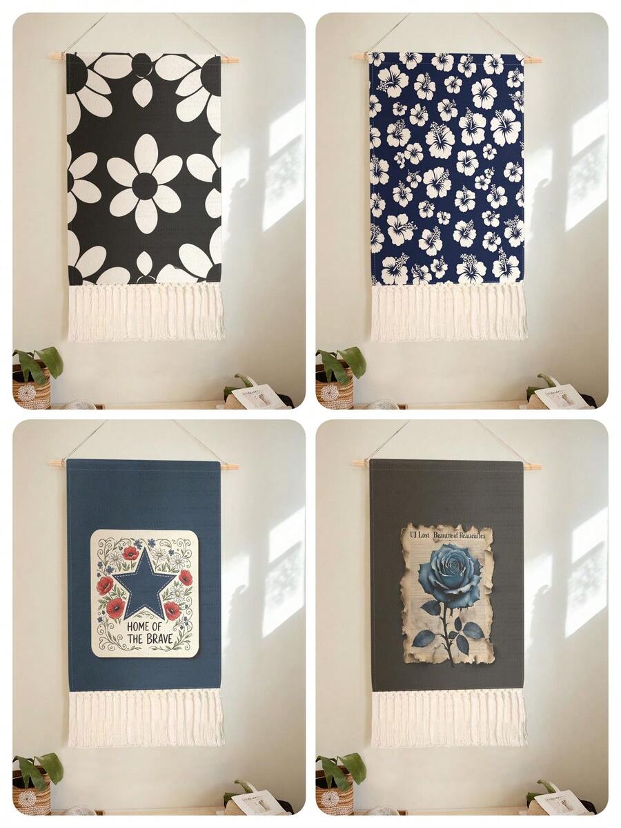 1PC Tapestry, Wall Hanging, Long Linen Vintage Tassel Tapestry, Vertical Wall Decor, Flower Print Design; Versatile For Living Room, Bedroom, Office, Party And More - Multicolor - View 1
