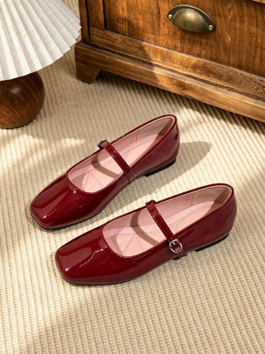 Women's New Vintage Red Mary Jane Shoes, Buckle Closure Casual Commuter Shoes - Burgundy - View 1