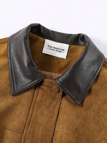 Korean Style Elegant Design Patchwork Contrast Color Plaid Suede Fleece Padded Short Jacket For Women, Suitable For Winter Travel, Casual And Vacation - Brown - View 2