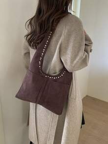 New Faux Suede Large Capacity Casual Shoulder Tote Bag, Colorblock Contrast Rivet Hobo Bag, Elegant Versatile Commuter Bag For Women - Multicolor - View 4