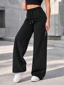 Women's Straight Leg Drawstring Pants With Zipper Pocket And Elastic Waist, Casual Athletic Pants For Daily Wear - Black - View 6
