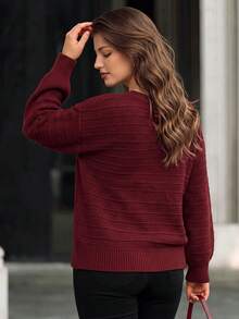 Women's Plus Size Long Sleeve Bow V-Neck Pullover Casual Slouchy Autumn/Winter - Burgundy - View 2