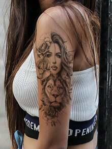 1pc Black Ins Style Portrait Lion Floral Pattern Party Gift DIY Holiday Gift Music Festival Temporary Waterproof Tattoo Sticker For Arm Waist Abdomen Leg - Black - View 4