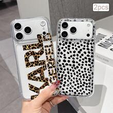 2pcs Leopard Print English Letter TPU Shockproof Full Coverage Precise Protective Case Compatible With Apple 11/12/13/14/15/16/16Pro/16ProMax/17/17pro/17ProMax/18pro 18ProMax - Multicolor - View 2