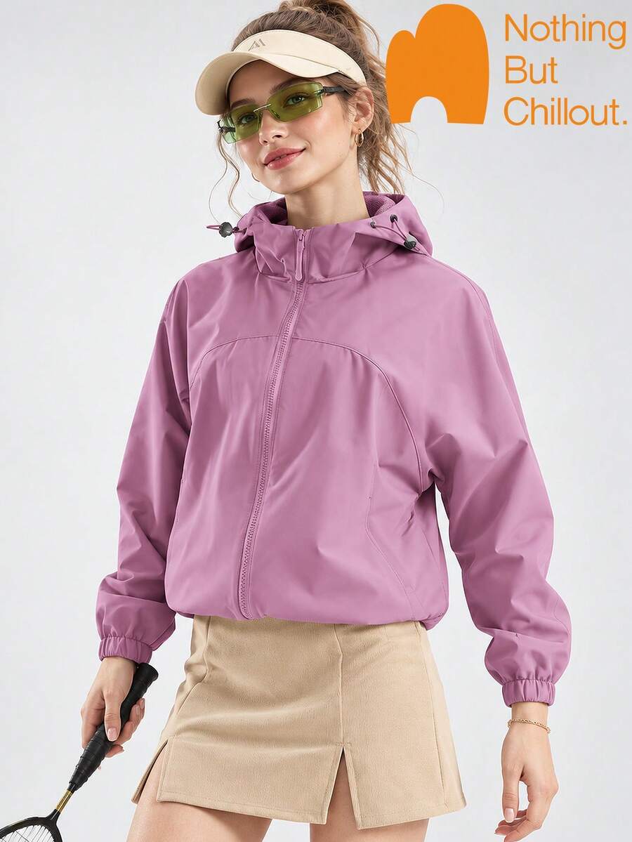 NBCT Women's Lightweight Functional Solid Color Short Outdoor Cardigan Jacket, Hooded Drawstring Windproof Design, Bright Color Minimalist Versatile Commute Camping Outerwear - Mist Purple - View 1
