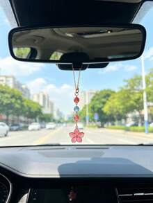 Pink Cherry Blossom Colorful Bead Car Hanging Ornament, Colorful Round Bead Chain Car Rearview Mirror Pendant, Sweet Cherry Blossom Design Car Rearview Mirror Hanging Decoration, Highly Attractive Women's Car Interior, Holiday Gift - Flowers - View 3
