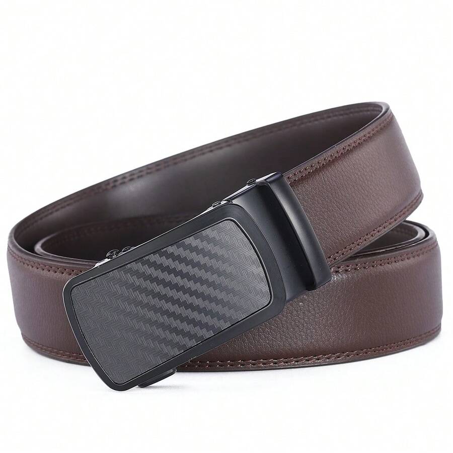 Men's Automatic Buckle Leather Belt Carbon Fiber Pattern Slide Buckle Casual Waist Belt Fine Stitching, Smooth Strap Suitable For BusineesCasual Wear - CY375 - View 1