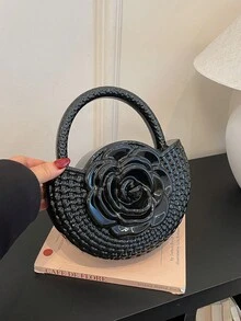 女款晚宴手提包，半圓形頂把手包，3D玫瑰圖案，紋理珠飾表面，奢華魅力風格，適合婚禮、派對、舞會之夜，女用 - 黑色 - 查看 6