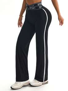 Hidkat Women's Solid Color High Waist Letter Cross Strap Yoga Casual Sports Knit Flare Pants - Black - View 3
