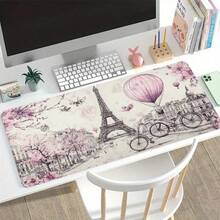 1pc Large Electronic Sports Gaming Mouse Pad, Pink Flower Eiffel Tower Romantic Street Scene Pattern, Anti-Slip, Washable Rubber Bottom Large Size Desk Mat Office Desk Accessory, Computer Decoration Accessory Desktop Decor Dirt-Resistant Gaming Mouse Pad, Ideal Gift For Gamers, Extra Long Desk Mat, Fashionable Office Desktop Decoration And Study Accessory - View 3