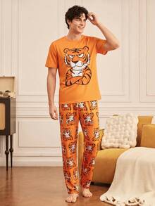 Notgurli 4pcs Brothers' Set: Men's Pajamas – Fun, Comfortable Animal Print: Tiger And Giraffe Loungewear For Autumn/Winter House Party - Multicolor - View 12