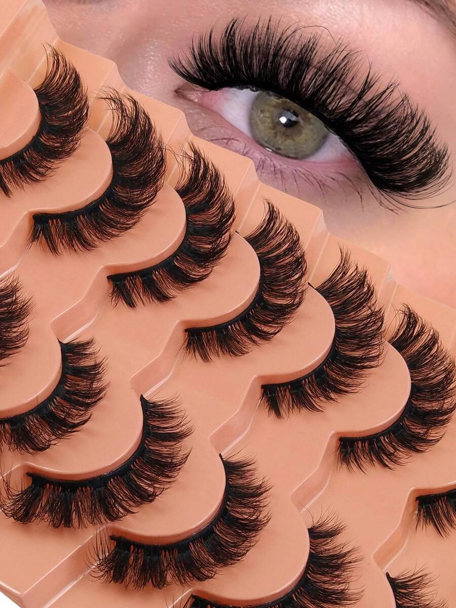 Hinarin 7 Pairs Cat Eye Lashes Volume Fox Eye False Eyelashes Natural 6D D-Curly Volume Fake Eyelashes Soft Handmade Lashes That Look Like Extensions For Daily Wear, Carnival, Chrismas, Wedding And Other Occasions - Black - View 1