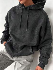 Men's Washed Distressed Back Graphic Vintage Patchwork Hoodie, Retro Newspaper Style Faith Loose Streetwear Sweatshirt - Black - View 3
