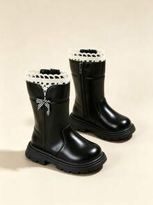 Autumn/Winter Girls' Boots With Side Zipper, Black Tall Boots, Princess Style, Thermal Lined, Suitable For Daily Wear - Black - View 1
