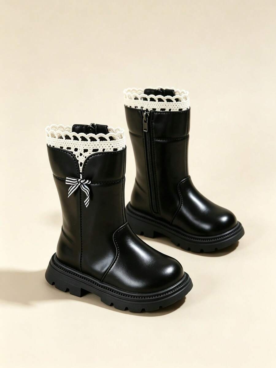 Autumn/Winter Girls' Boots With Side Zipper, Black Tall Boots, Princess Style, Thermal Lined, Suitable For Daily Wear - Black - View 1